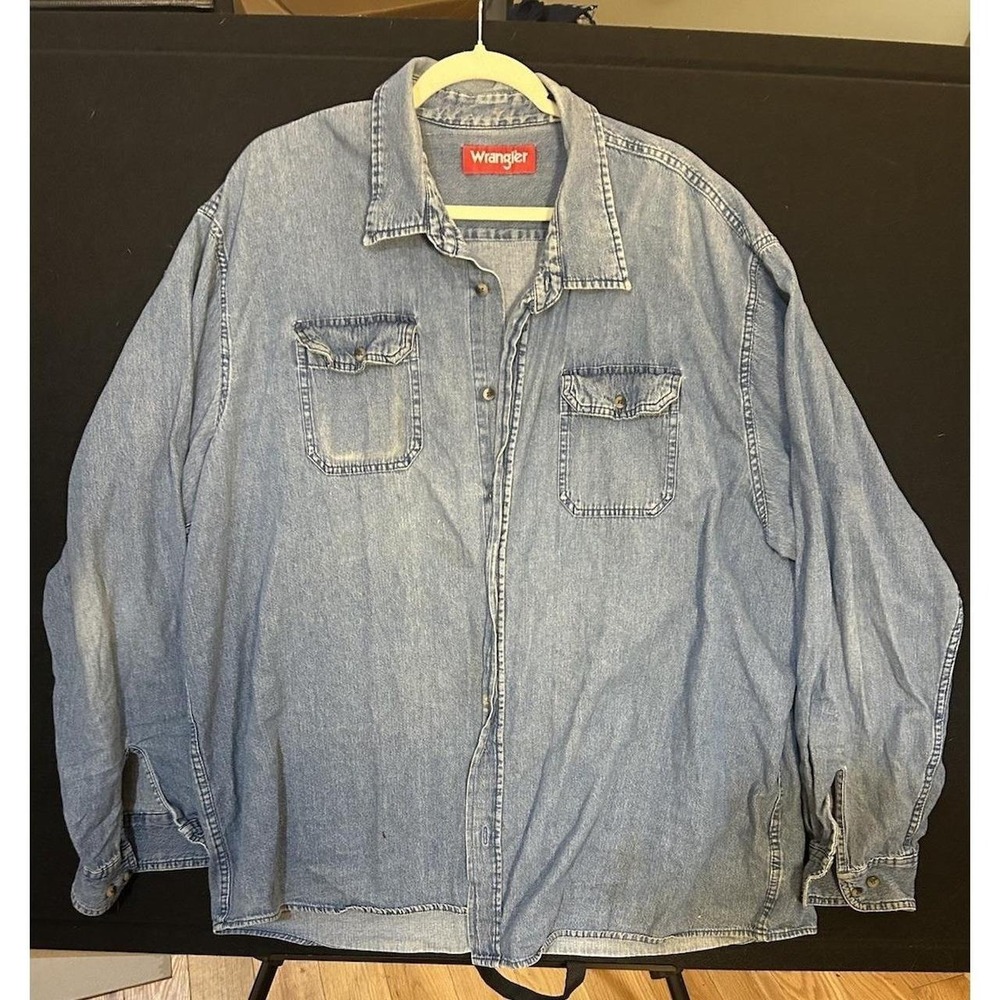 Wrangler Blue Jean Button Up Shirt Size 3X Mens Cotton Casual Outdoor Comfort